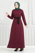 Belted Herringbone Dress 22033UKB929-M Burgundy - Thumbnail