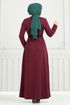 Belted Herringbone Dress 22033UKB929-M Burgundy - Thumbnail