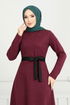 Belted Herringbone Dress 22033UKB929-M Burgundy - Thumbnail