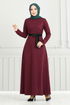 Belted Herringbone Dress 22033UKB929-M Burgundy - Thumbnail