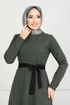 Belted Herringbone Dress 22033UKB929-M Khaki - Thumbnail