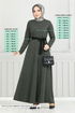 Belted Herringbone Dress 22033UKB929-M Khaki - Thumbnail
