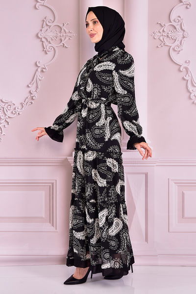 NEV - Belted Lined Chiffon Dress Black NEV14860 - 292644