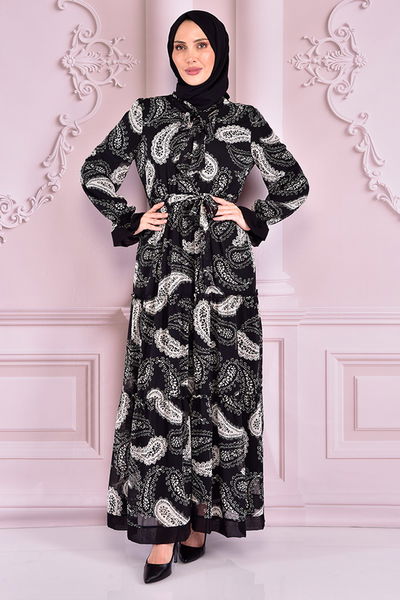 NEV - Belted Lined Chiffon Dress Black NEV14860 - 292645