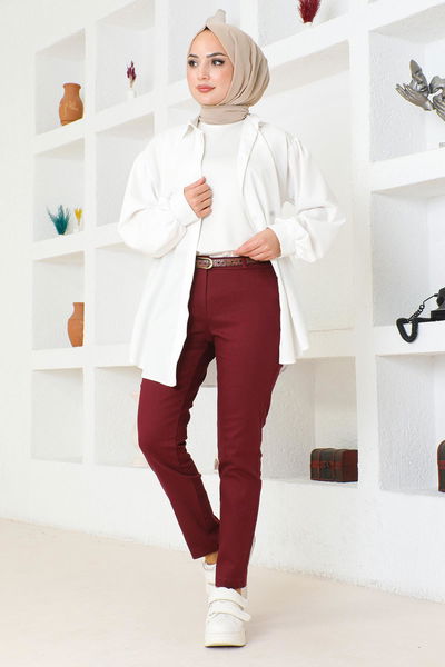 Modamihram - Belted Narrow Trot Pants Burgundy MIH6109