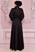 Belted Satin Evening dress Black ASM14823 - Thumbnail