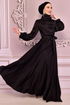 Belted Satin Evening dress Black ASM14823 - Thumbnail