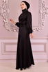 Belted Satin Evening dress Black ASM14823 - Thumbnail