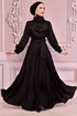 Belted Satin Evening dress Black ASM14823 - Thumbnail