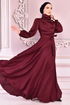 Belted Satin Evening dress Burgundy ASM14823 - Thumbnail