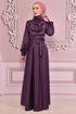 Belted Satin Evening dress Damson ASM14823 - Thumbnail