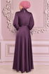 Belted Satin Evening dress Damson ASM14823 - Thumbnail