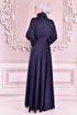 Belted Satin Evening dress Navy blue ASM14823 - Thumbnail