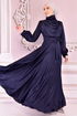 Belted Satin Evening dress Navy blue ASM14823 - Thumbnail