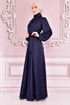 Belted Satin Evening dress Navy blue ASM14823 - Thumbnail