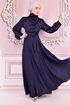 Belted Satin Evening dress Navy blue ASM14823 - Thumbnail