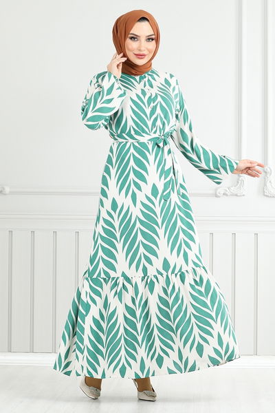 MRV O.Z.R. - Blatt Gemustert Hijab Kleid 827OZR1047-M Mint