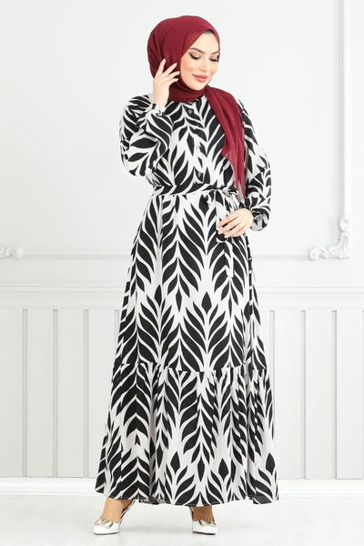 MRV O.Z.R. - Blatt Gemustert Hijab Kleid 827OZR1047-M Schwarz