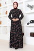 Blumen Gemustert Kleid ZNN4069 Schwarz - Thumbnail