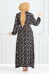 Blumig Viskose Kleid 807OZR1047-M Schwarz - Thumbnail
