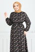 Blumig Viskose Kleid 807OZR1047-M Schwarz - Thumbnail