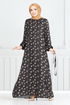 Blumig Viskose Kleid 807OZR1047-M Schwarz - Thumbnail