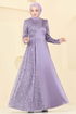 Boncuk Detaylı Saten Abiye 2818ELC1143-MS Lila - Thumbnail