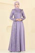 Boncuk Detaylı Saten Abiye 2818ELC1143-MS Lila - Thumbnail