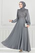 Boncuk İşlemeli Saten Abiye 5691EDF311-MS Gri - Thumbnail