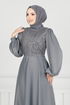 Boncuk İşlemeli Saten Abiye 5691EDF311-MS Gri - Thumbnail