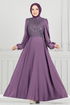 Boncuk İşlemeli Saten Abiye 5691EDF311-MS Lila - Thumbnail