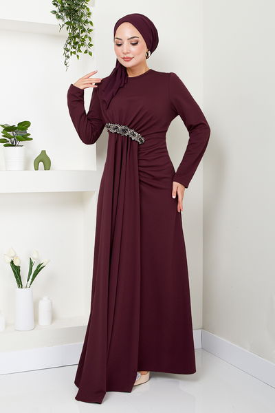 MRV S.L. - Brooch Detailed Evening dress 5021SL890 Burgundy