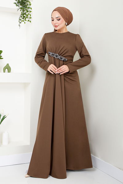 MRV S.L. - Brooch Detailed Evening dress 5021SL890 Coffee