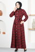 Button Detail Dress MSL1170 Burgundy - Thumbnail