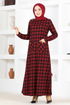 Button Detail Dress MSL1566 Burgundy - Thumbnail