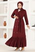 Button Detail Evening dress ASM2645 Burgundy - Thumbnail