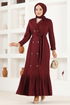 Button Detail Evening dress ASM2645 Burgundy - Thumbnail