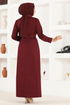 Button Detail Evening dress ASM2645 Burgundy - Thumbnail