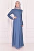 Chiffon Details Abendkleid Offen Indigo ASM22650 - Thumbnail