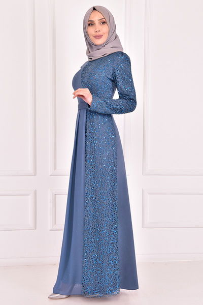 ASM - Chiffon Details Abendkleid Offen Indigo ASM22650