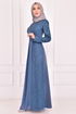 Chiffon Details Abendkleid Offen Indigo ASM22650 - Thumbnail