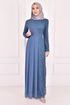Chiffon Details Abendkleid Offen Indigo ASM22650 - Thumbnail