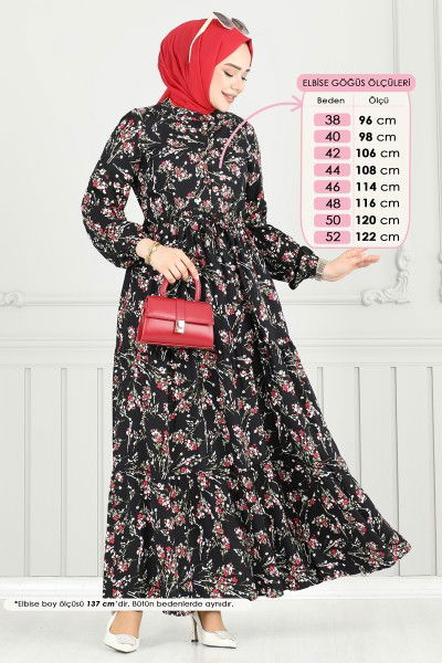 B.G.S. - Çiçek Desen Tesettür Elbise 7122BG354-MS Siyah