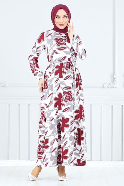 MRV U.Z. - Çiçek Desenli Bürümcük Elbise 5010UZ1029-M Bordo