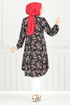 Çiçek Desenli Tesettür Tunik 0174BGS895-M Siyah - Thumbnail