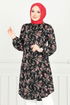 Çiçek Desenli Tesettür Tunik 0174BGS895-M Siyah - Thumbnail