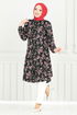 Çiçek Desenli Tesettür Tunik 0174BGS895-M Siyah - Thumbnail