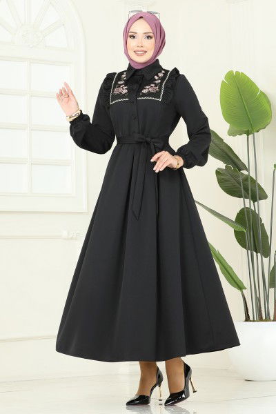 S.L. - Çiçek Nakışlı Dabıl Elbise 2725SL432-MS Siyah