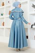 Collar Detailed Satin Evening dress YGS6551 Blue - Thumbnail