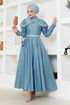 Collar Detailed Satin Evening dress YGS6551 Blue - Thumbnail